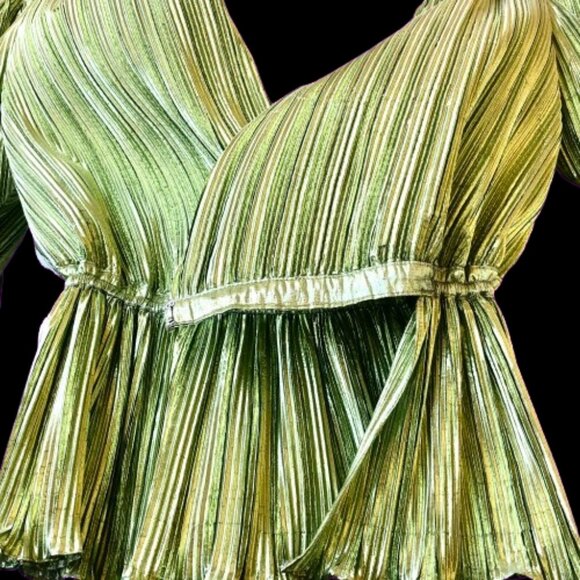 Vintage 80's Metallic Peridot Accordian Pleats Evening Blouse Belt Flower - Picture 8 of 14